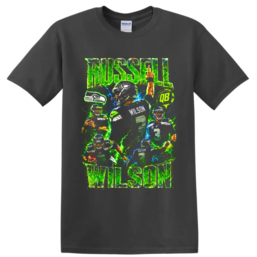 Russell Wilson Seahawks number 3 neon football collage with RUSSELL WILSON text on a Charcoal T Shirt