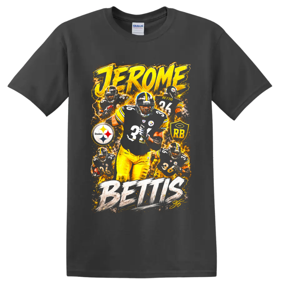 Jerome Bettis Pittsburgh Steelers number 36 fiery football action collage on a Charcoal T Shirt