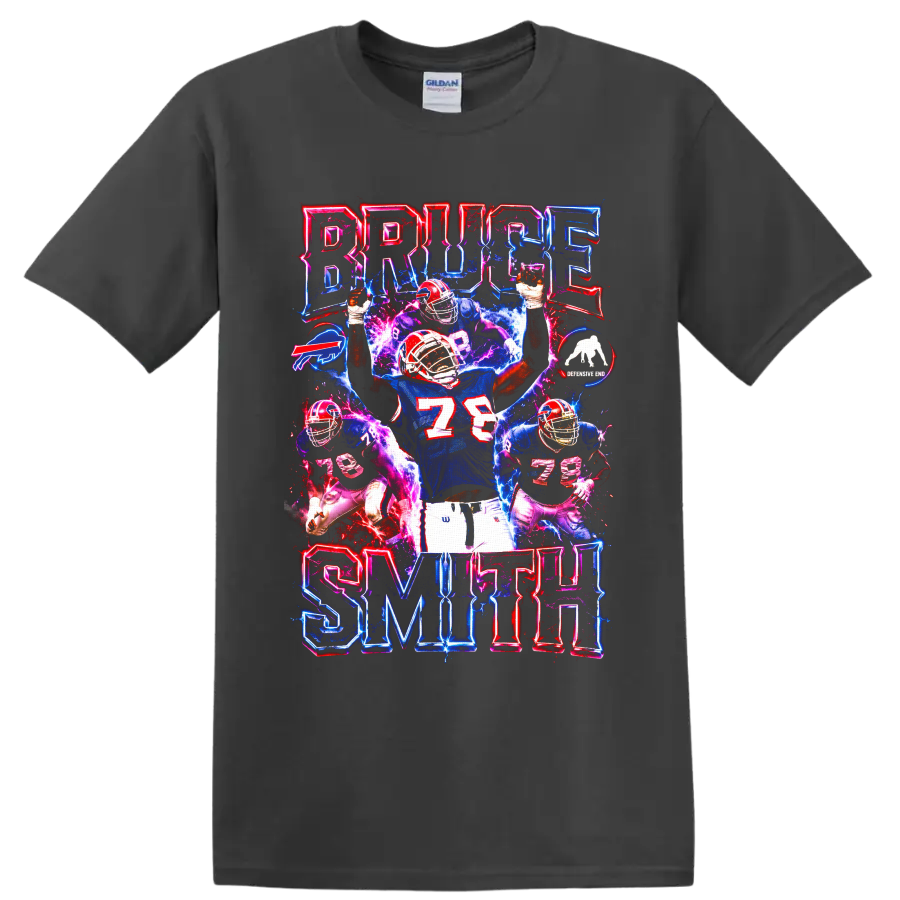 Bruce Smith Buffalo Bills number 78 neon football action collage on a Charcoal T Shirt