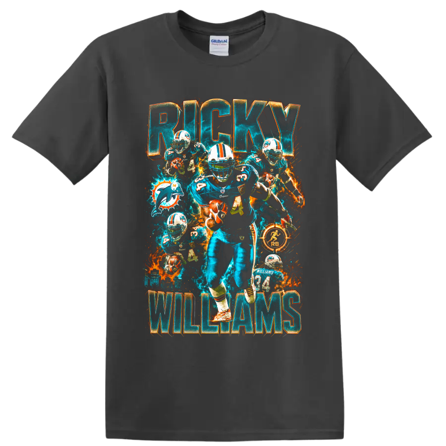 Ricky Williams Miami Dolphins number 34 action collage with RICKY and WILLIAMS text on a Charcoal T Shirt