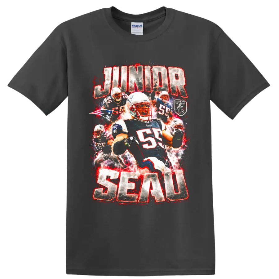 Junior Seau Patriots linebacker action collage with red electric splatter and bold on a Charcoal T Shirt