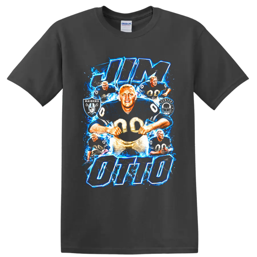 Jim Otto Oakland Raiders number 00 action collage with lightning and bold OTTO lettering on a Charcoal T Shirt
