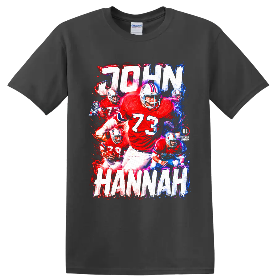John Hannah number 73 football collage with electric red and blue Patriots artwork on a Charcoal T Shirt