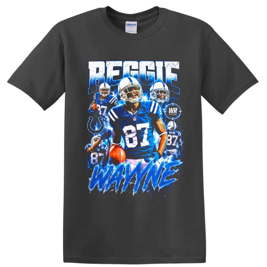 Reggie Wayne Colts number 87 football collage with electric blue action art on a Charcoal T Shirt