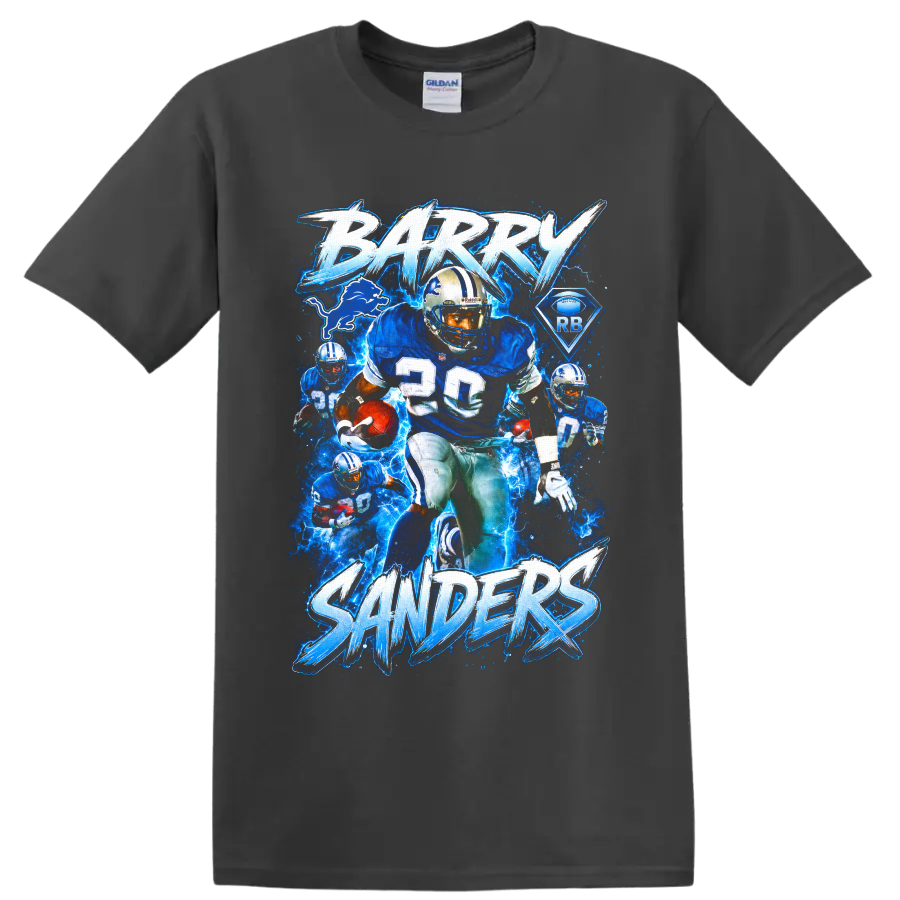 Barry Sanders Detroit Lions number 20 electric blue football action collage on a Charcoal T Shirt