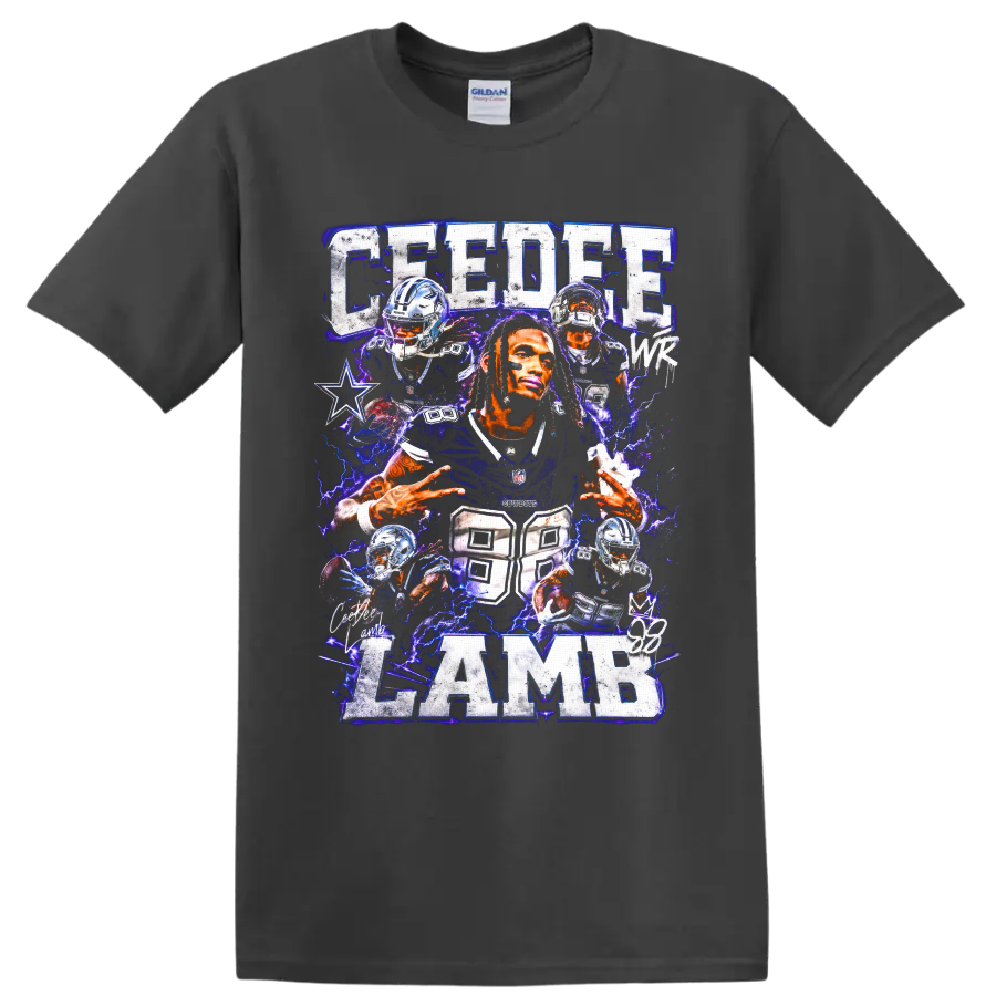 CeeDee Lamb Dallas Cowboys football collage with electric blue lightning and number 88 on a Charcoal T Shirt