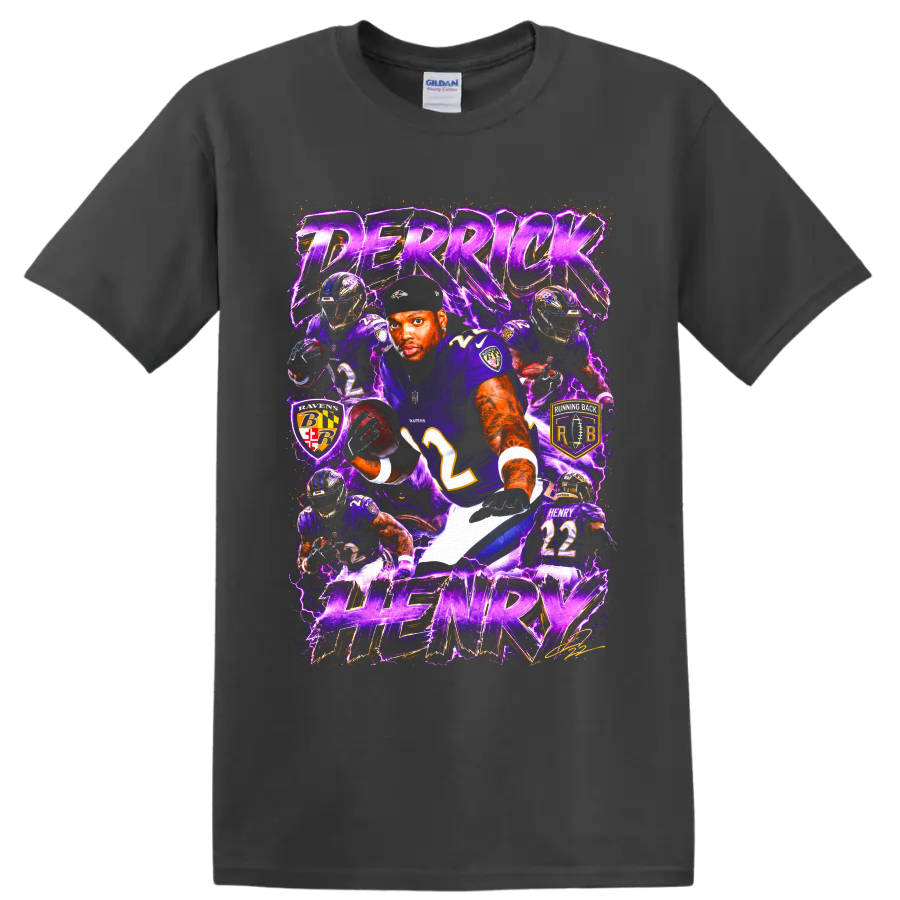 Derrick Henry Ravens No. 22 action collage with purple lightning and HENRY text on a Charcoal T Shirt