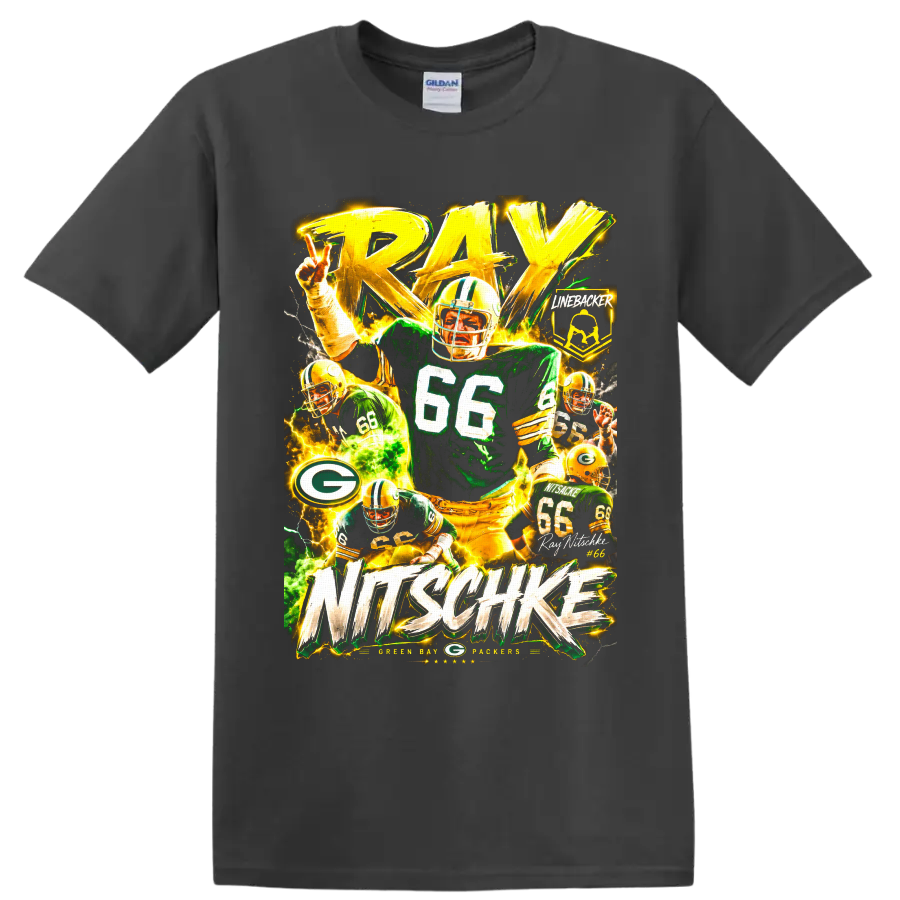 Ray Nitschke Packers number 66 linebacker collage with bold RAY NITSCHKE lettering on a Charcoal T Shirt
