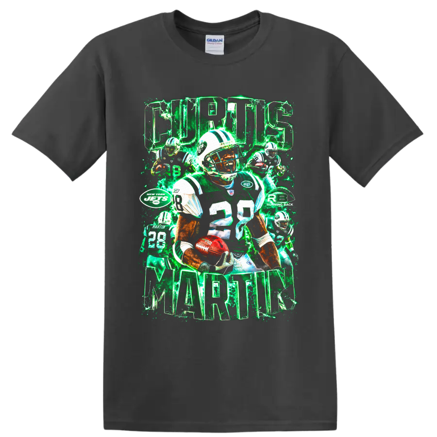 Curtis Martin New York Jets number 28 football collage with neon green lightning on a Charcoal T Shirt