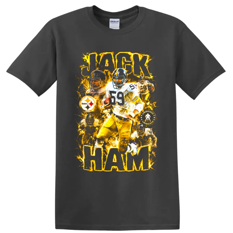Jack Ham Pittsburgh Steelers number 59 linebacker collage with glowing gold text on a Charcoal T Shirt
