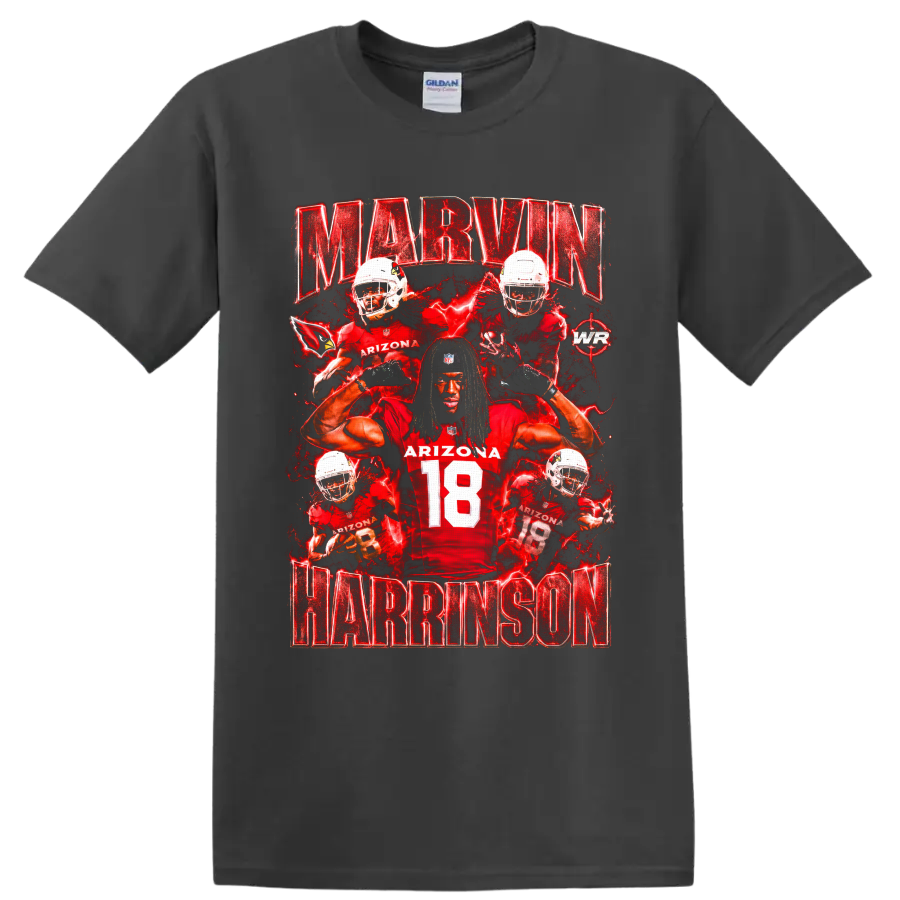 Marvin Harrison Jr Arizona Cardinals number 18 football collage with red lightning on a Charcoal T Shirt