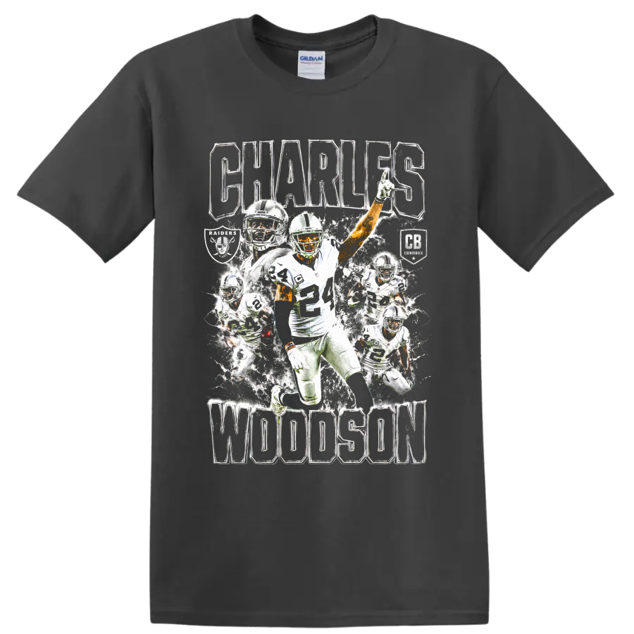 Charles Woodson number 24 football action collage with Raiders graphics and bold lettering on a Charcoal T Shirt