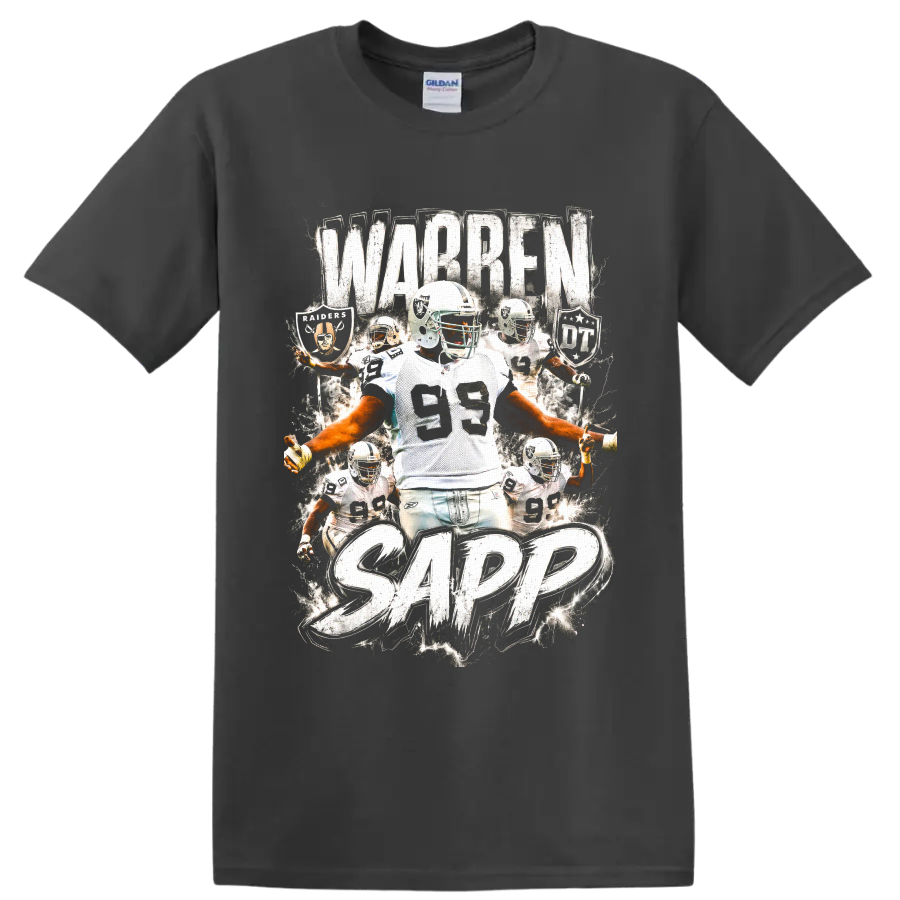 Warren Sapp Raiders number 99 football collage with distressed WARREN SAPP text on a Charcoal T Shirt