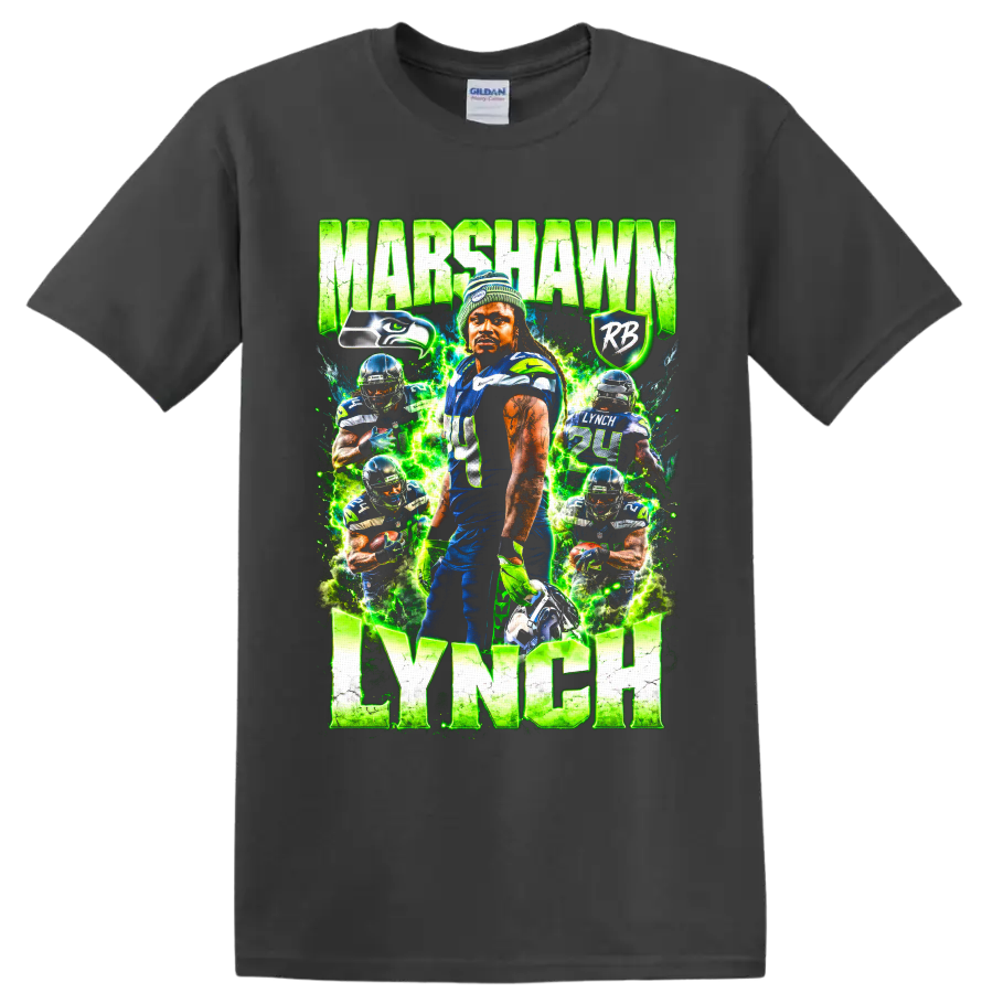 Marshawn Lynch Seattle Seahawks action collage with electric green lightning and name text on a Charcoal T Shirt