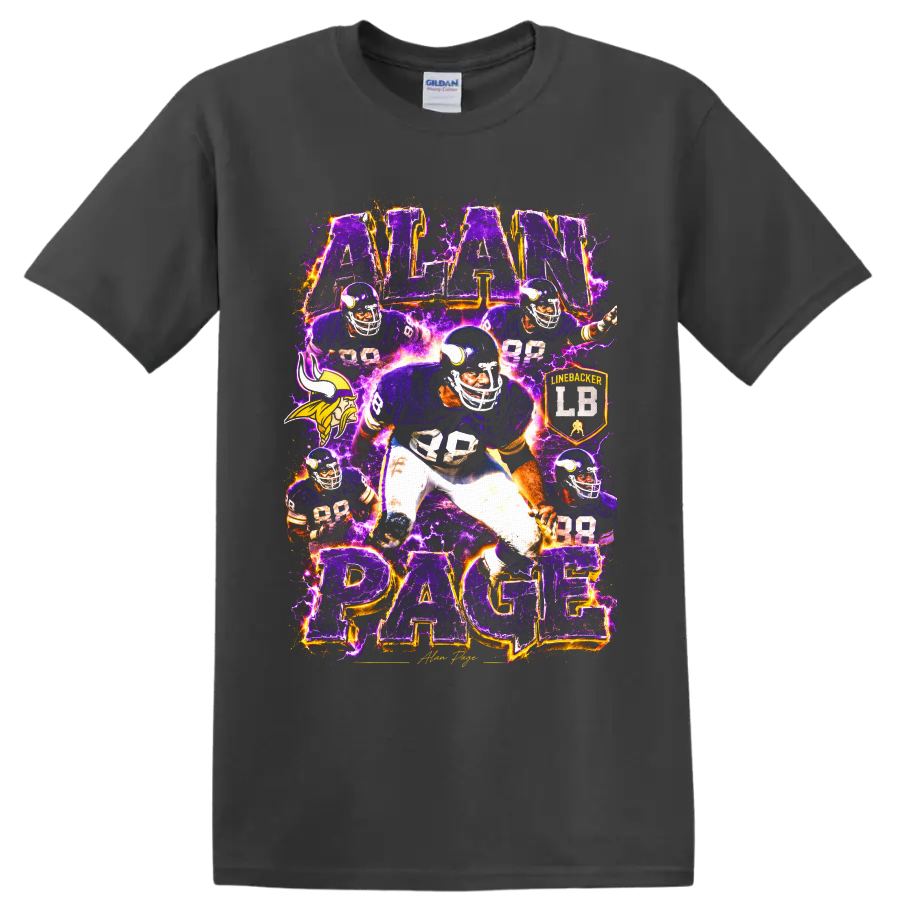 Alan Page 88 Minnesota Vikings-inspired football collage with purple lightning on a Charcoal T Shirt