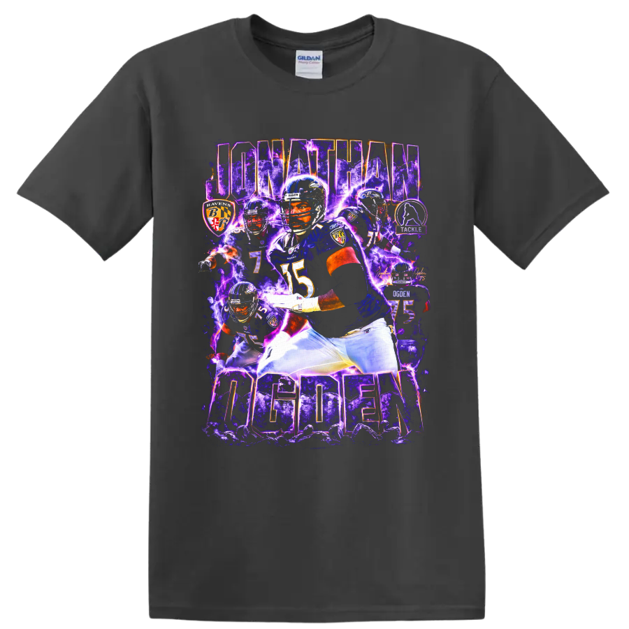 Jonathan Ogden Baltimore Ravens football collage with purple lightning and number 75 on a Charcoal T Shirt