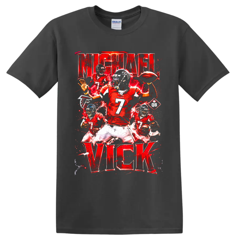 Michael Vick Atlanta Falcons red number 7 football action collage with electric effects on a Charcoal T Shirt