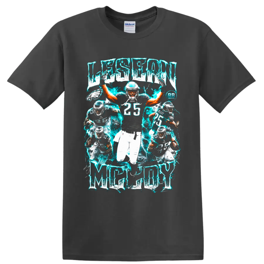 LeSean McCoy Philadelphia Eagles running back collage with electric teal lightning on a Charcoal T Shirt
