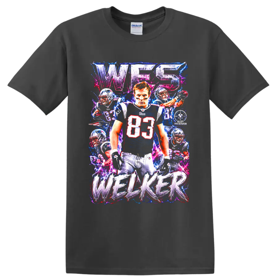 Wes Welker Patriots #83 football collage with neon lightning and distressed lettering on a Charcoal T Shirt