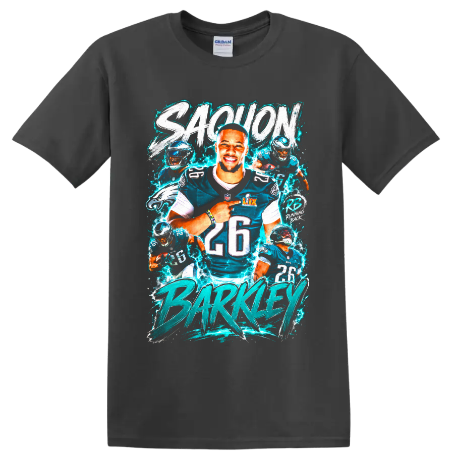 Saquon Barkley Eagles number 26 action collage with electric teal brush lettering on a Charcoal T Shirt