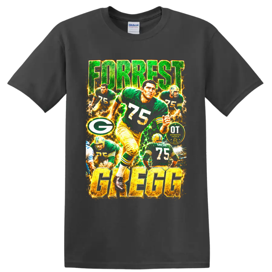 Forrest Gregg number 75 Packers offensive tackle football collage with electric lettering on a Charcoal T Shirt