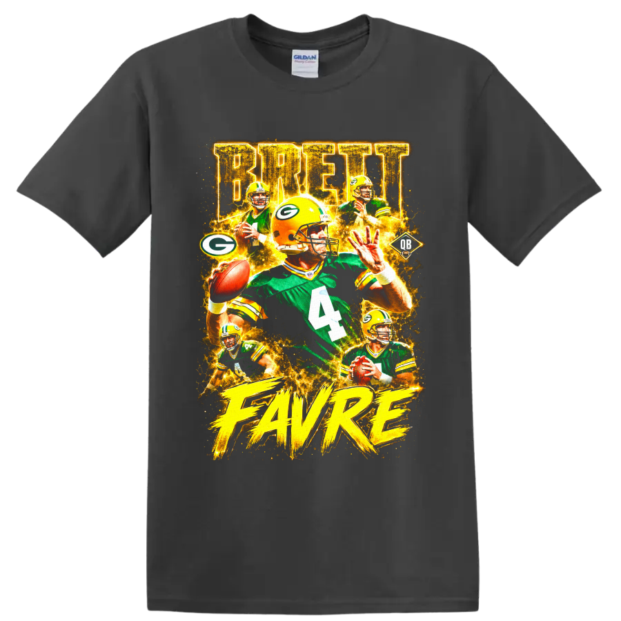 Brett Favre Green Bay Packers number 4 vintage football collage graphic on a Charcoal T Shirt