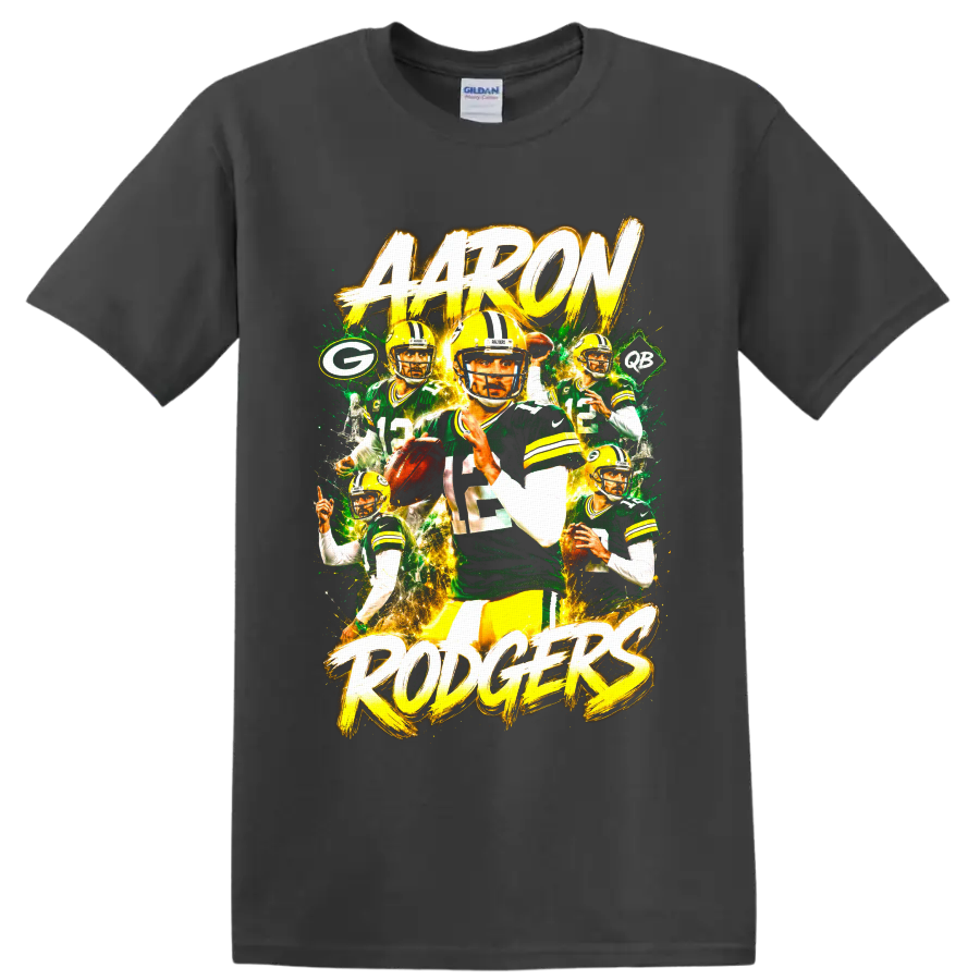 Aaron Rodgers Packers quarterback action collage with AARON RODGERS brush lettering on a Charcoal T Shirt