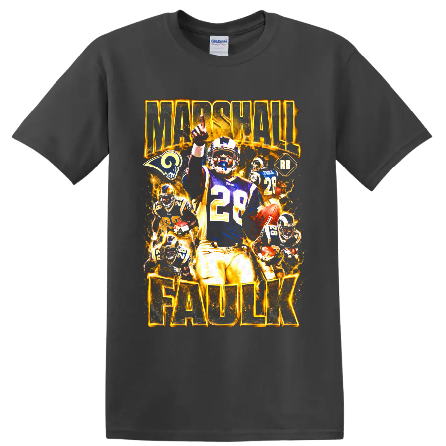 Marshall Faulk St. Louis Rams number 28 football collage with fiery gold lettering on a Charcoal T Shirt