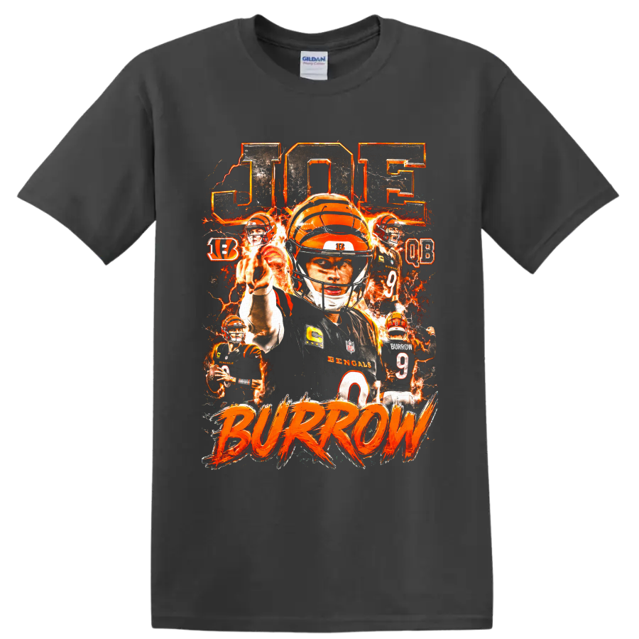 Joe Burrow Bengals number 9 fiery quarterback collage with BURROW lettering on a Charcoal T Shirt