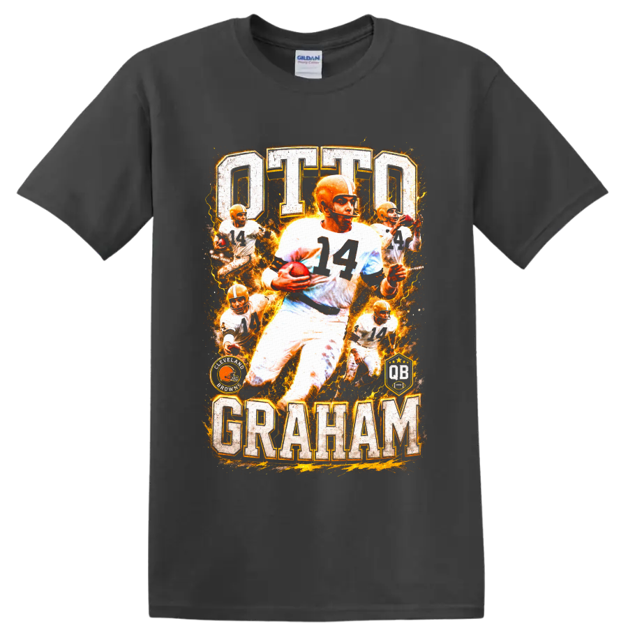 Otto Graham No. 14 Cleveland Browns vintage action collage with OTTO GRAHAM lettering on a Charcoal T Shirt