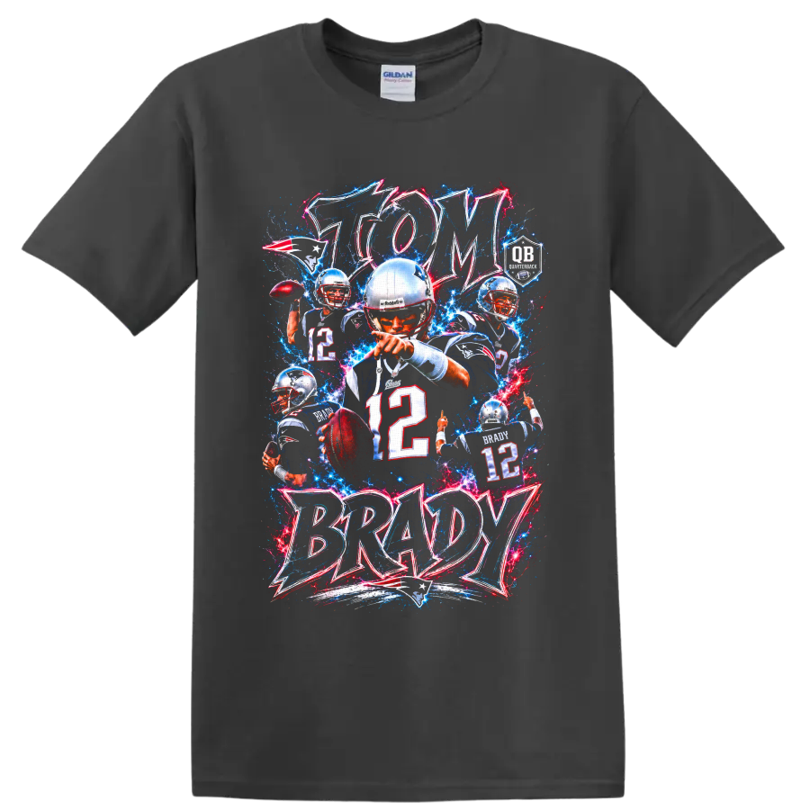 Tom Brady Patriots quarterback collage with number 12 and electric GOAT lettering on a Charcoal T Shirt
