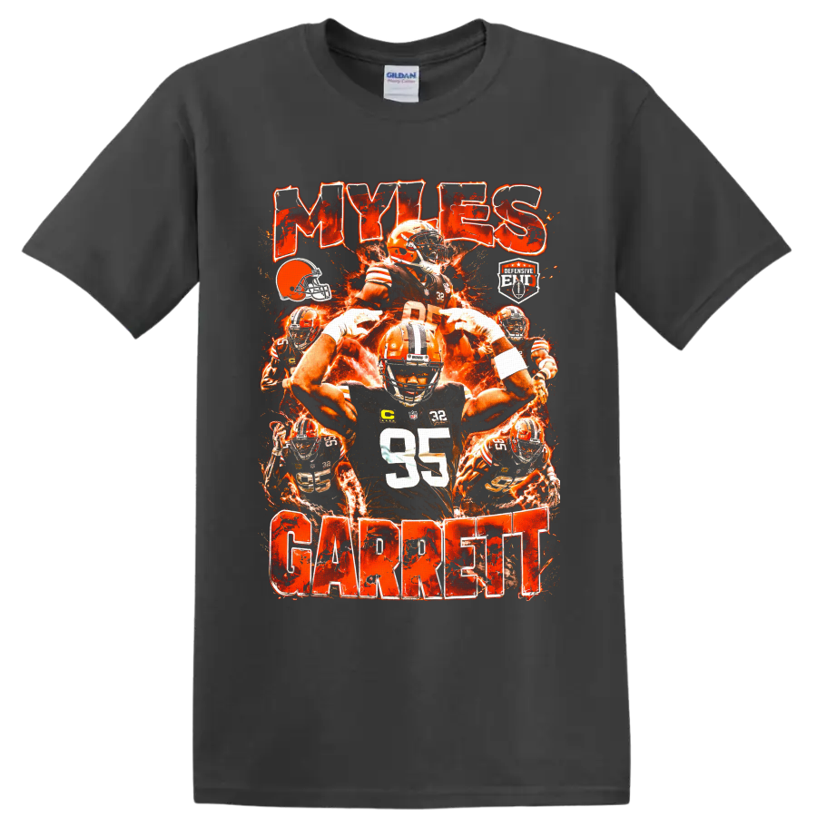 Myles Garrett Cleveland Browns fiery football collage with number 95 and MYLES GARRETT on a Charcoal T Shirt