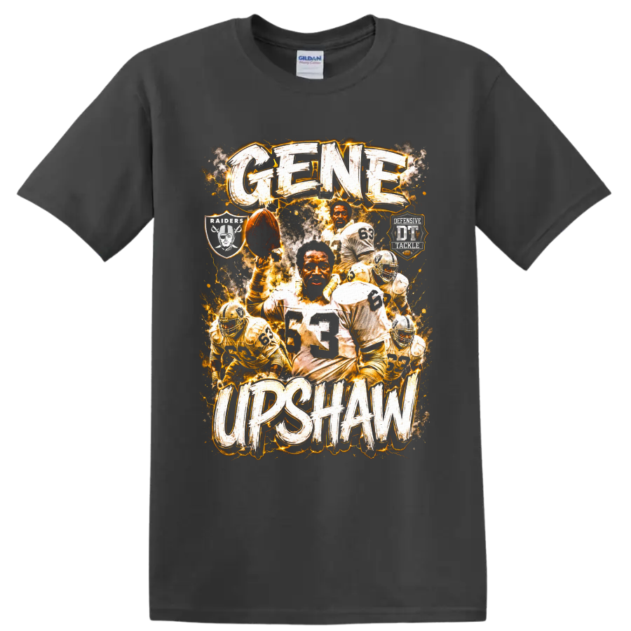 Gene Upshaw Oakland Raiders football collage with number 63 and distressed lettering on a Charcoal T Shirt