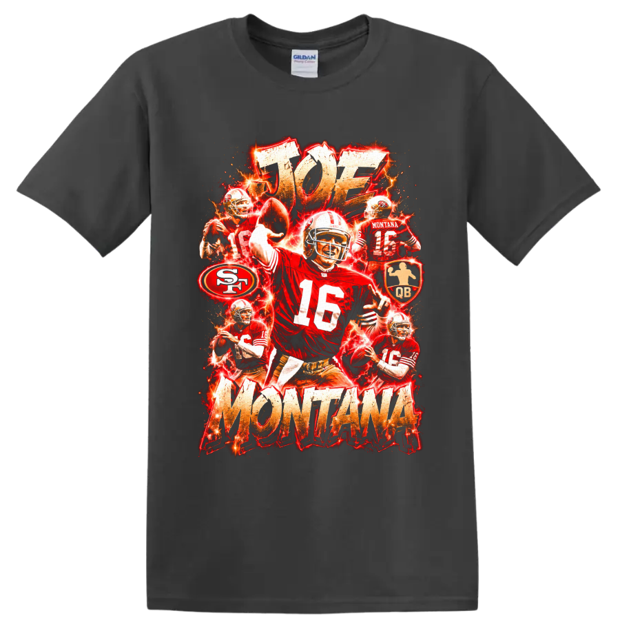 Joe Montana 49ers quarterback collage with No. 16 action, lightning, and distressed on a Charcoal T Shirt