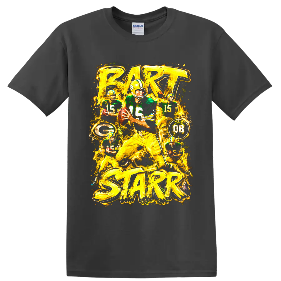Bart Starr Green Bay Packers quarterback collage with vintage action art and electric on a Charcoal T Shirt
