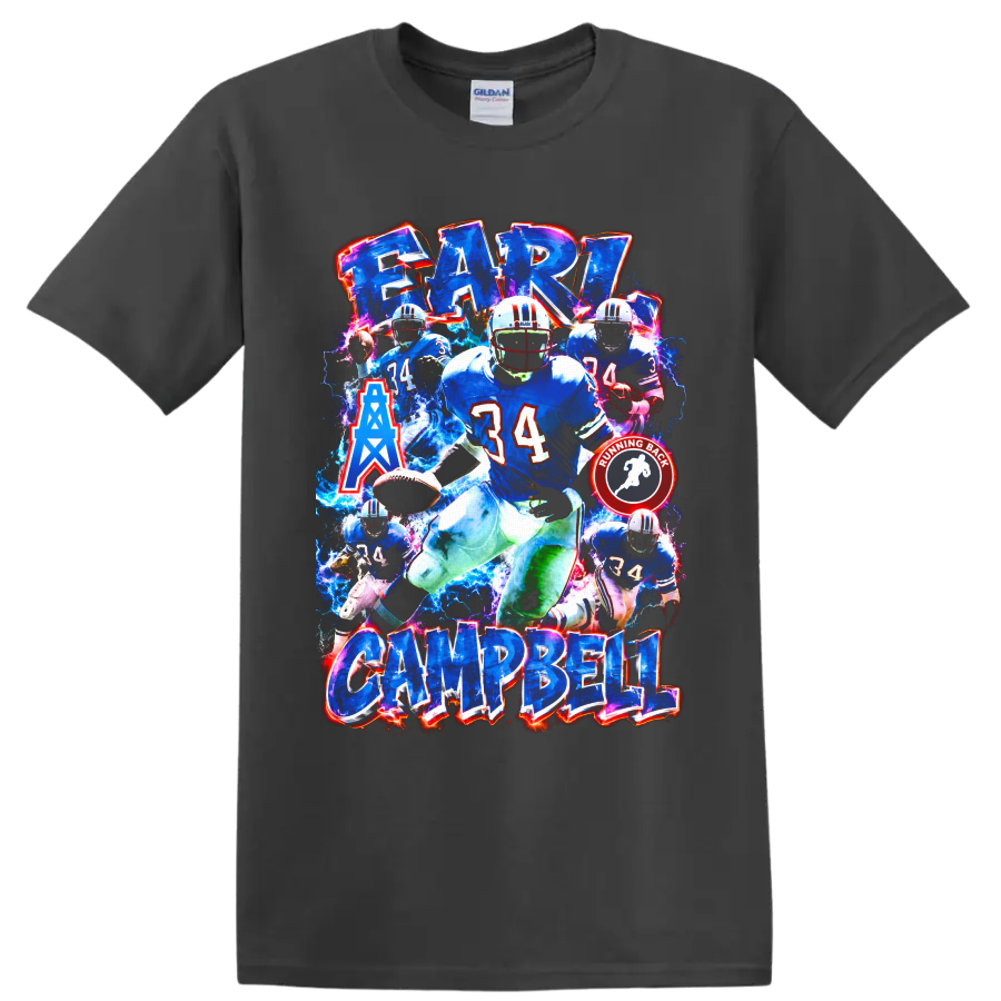 Earl Campbell Houston Oilers number 34 football collage with electric blue effects on a Charcoal T Shirt