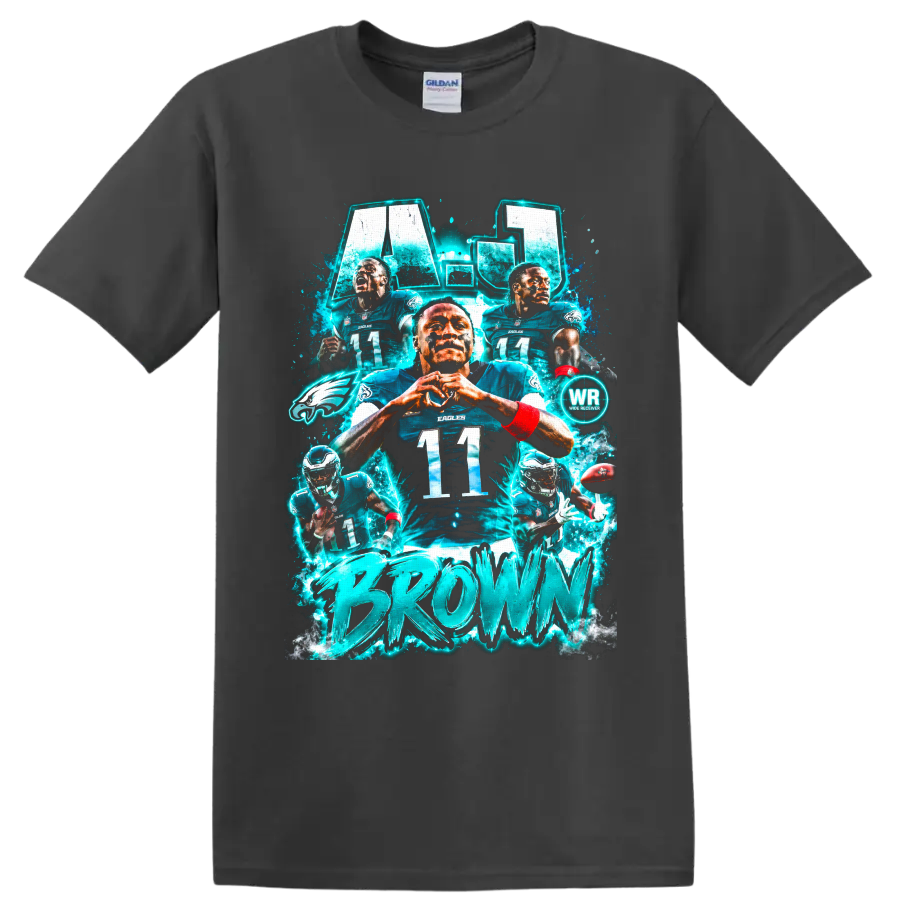 A.J. Brown Philadelphia Eagles number 11 electric teal football collage graphic on a Charcoal T Shirt