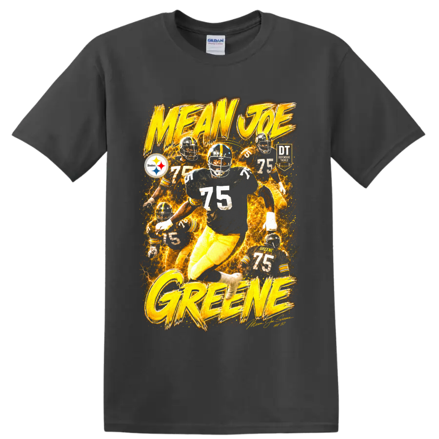 Mean Joe Greene Steelers number 75 fiery vintage football action graphic on a Charcoal T Shirt