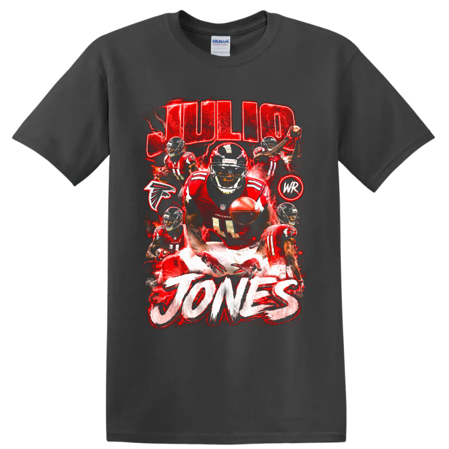 Julio Jones Atlanta Falcons action collage with red lightning and JULIO JONES text on a Charcoal T Shirt