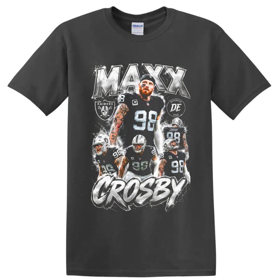 Maxx Crosby Raiders number 98 action collage with metallic lettering and lightning on a Charcoal T Shirt