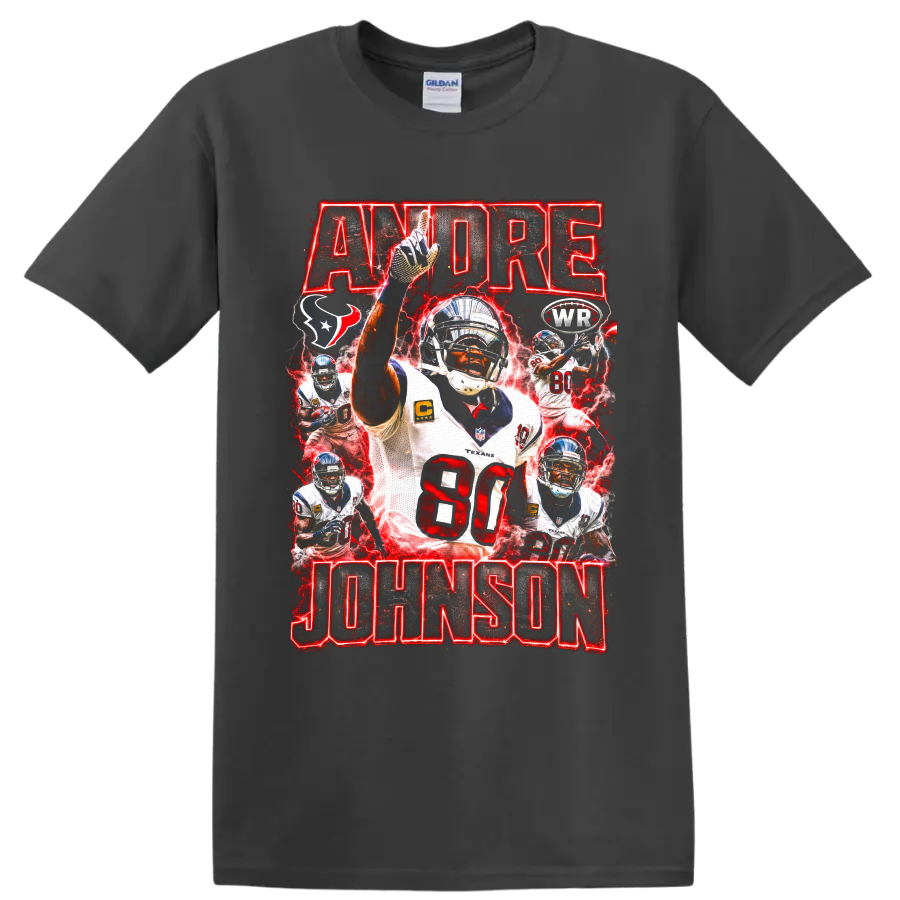 Andre Johnson Houston Texans number 80 action collage with red lightning and bold on a Charcoal T Shirt