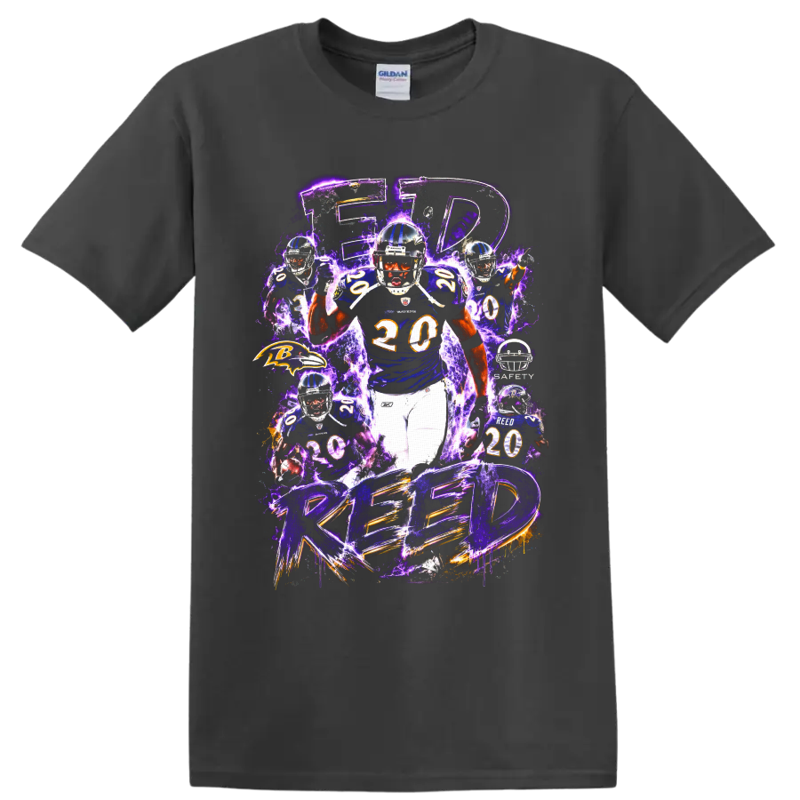 Ed Reed Baltimore Ravens safety collage with purple lightning and REED lettering on a Charcoal T Shirt