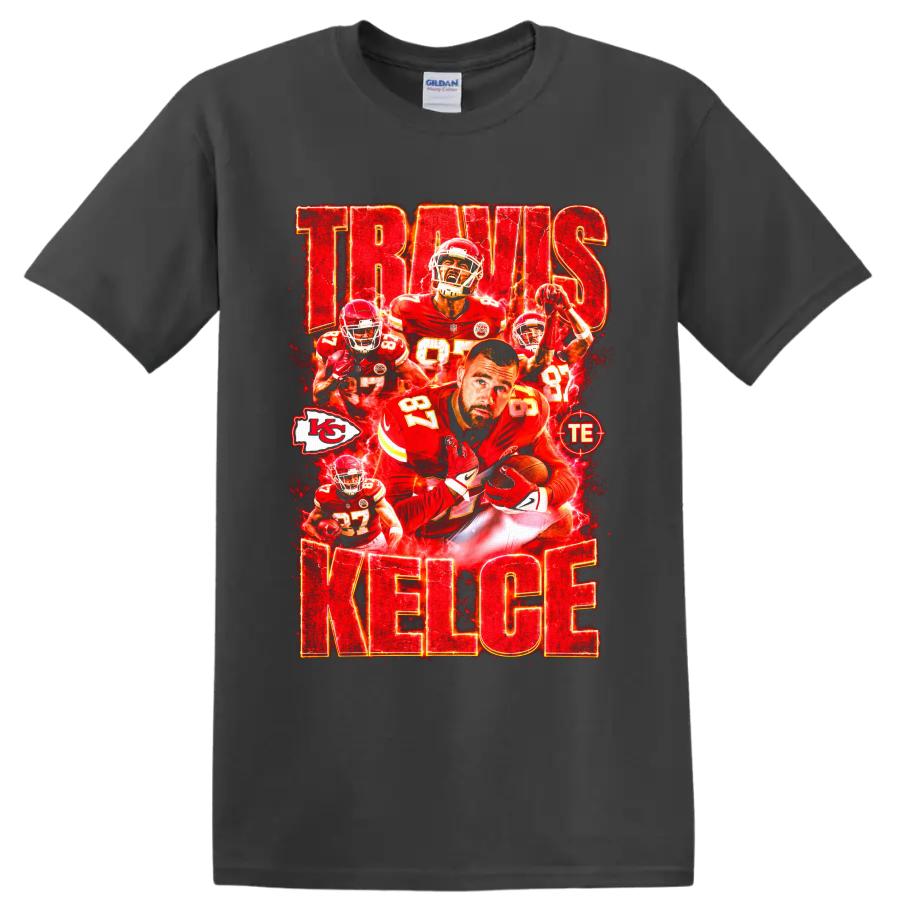 Travis Kelce Chiefs number 87 football collage with electric red TRAVIS KELCE text on a Charcoal T Shirt