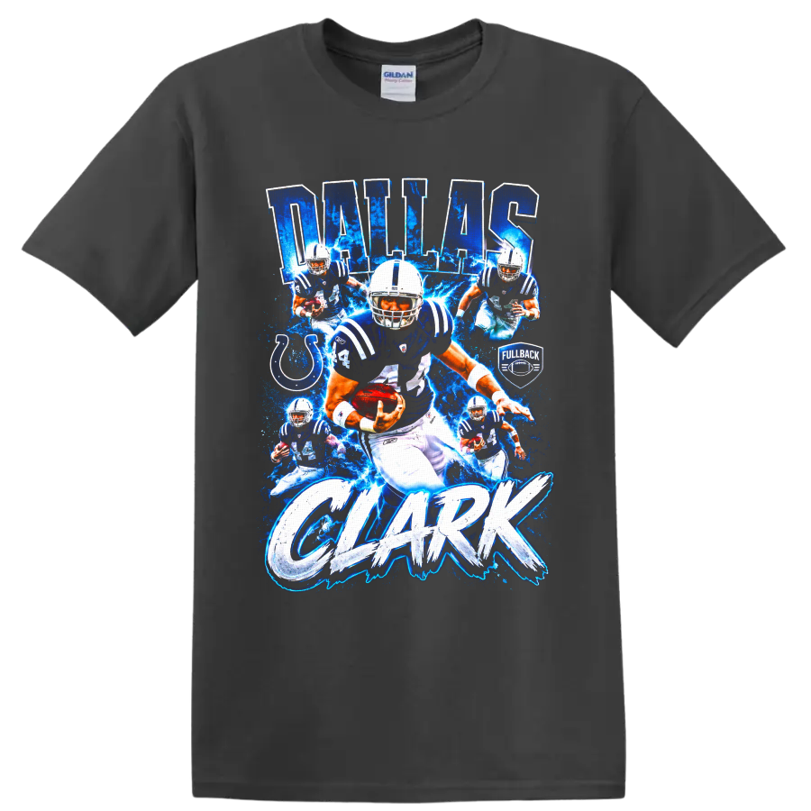 Dallas Clark Colts football action collage with number 44, lightning, and bold name text on a Charcoal T Shirt