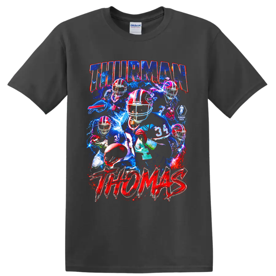 Thurman Thomas Buffalo Bills running back electric football collage with bold lettering on a Charcoal T Shirt