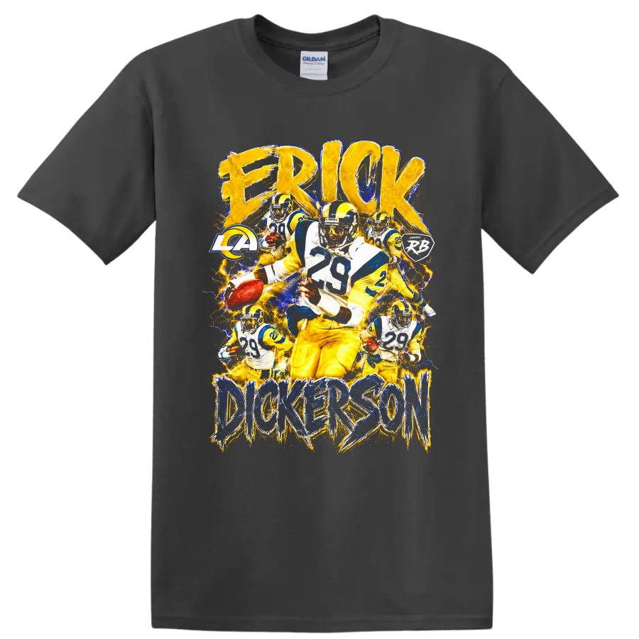 Eric Dickerson Rams running back collage with distressed lettering and lightning on a Charcoal T Shirt