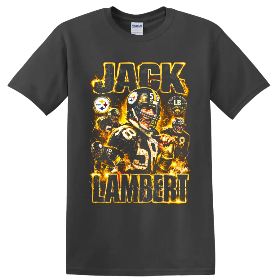 Jack Lambert Steelers number 58 vintage football collage with gold lightning on a Charcoal T Shirt