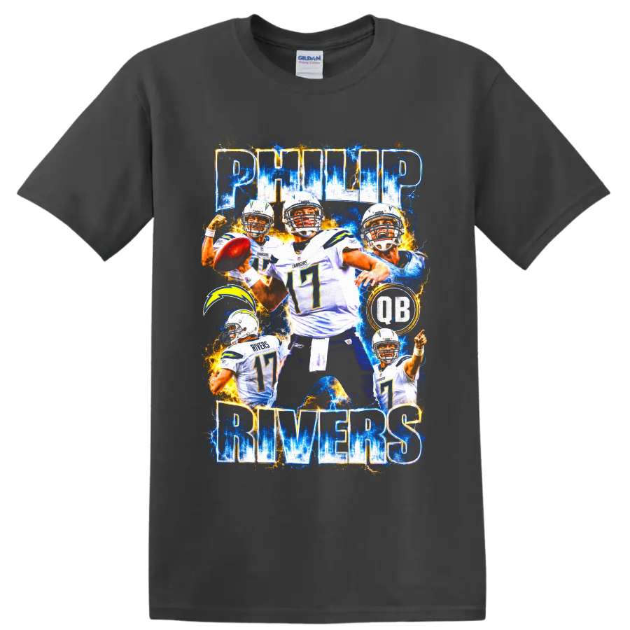 Philip Rivers Chargers quarterback collage with number 17, lightning bolt, and electric on a Charcoal T Shirt