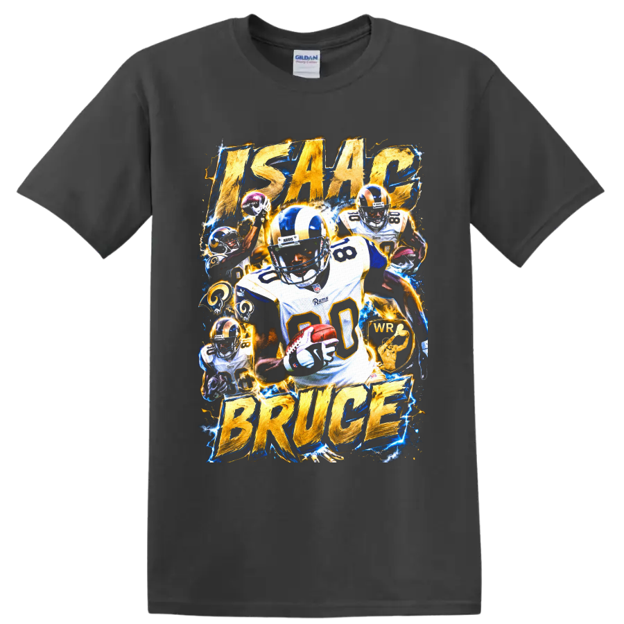 Isaac Bruce Rams number 80 football collage with gold lettering and electric blue effects on a Charcoal T Shirt