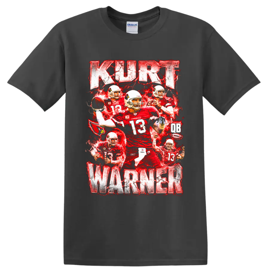 Kurt Warner Arizona Cardinals number 13 football collage with red lightning on a Charcoal T Shirt